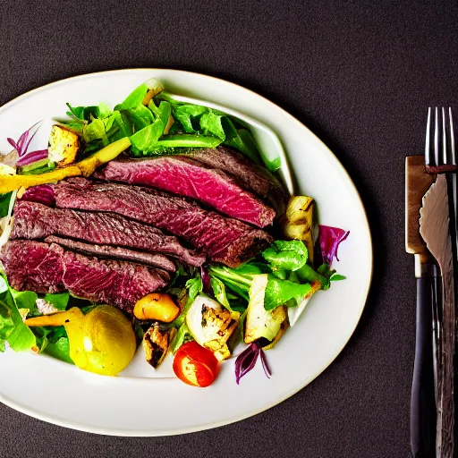 Prompt: photo of a lavish and exquisite dinner, including a large seasoned steak with a salad, with a grilled and a seasoned vegetable medley on the side, mouthwatering, studio advertising photography, f/1.8 32mm HDR