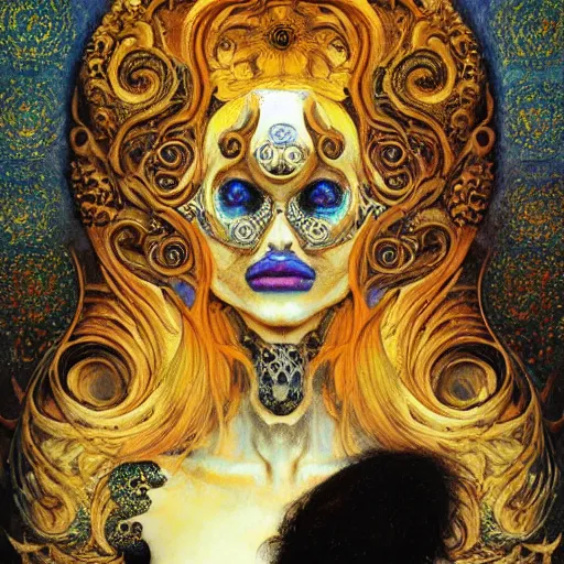 Prompt: Memento Mori by Karol Bak, Jean Deville, Gustav Klimt, and Vincent Van Gogh, beautiful visionary mystical portrait, calavera, otherworldly, fractal structures, ornate gilded medieval icon, third eye, spirals, jeweled calavera by Jean Delville