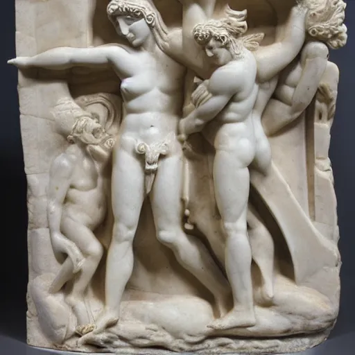 Prompt: base relief of mythological scene, marble