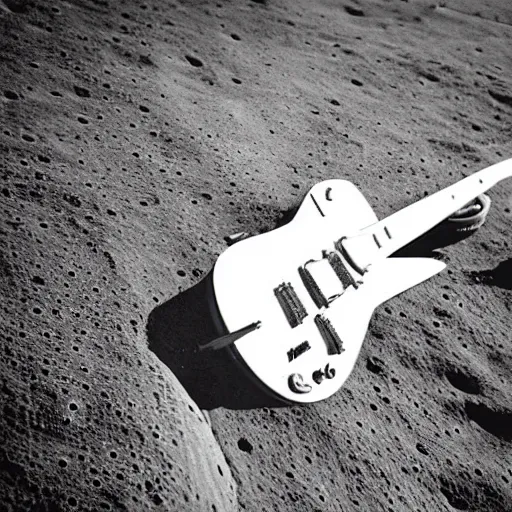 Prompt: photo of an idle electric guitar and a beer can sitting on the moon surface. atompunk