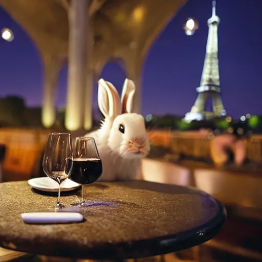 Prompt: a rabbit drinking wine in a cafe in Paris, the eiffel tower is visible in the background, it is night time, there are two humans sitting behind the rabbit