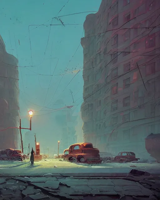 Image similar to a beautiful painting of apocalyptic soviet ruined city, by simon stalenhag, cory loftis, james gilleard, atey ghailan, rim light, exquisite lighting, clear focus, very coherent, plain background, soft painting