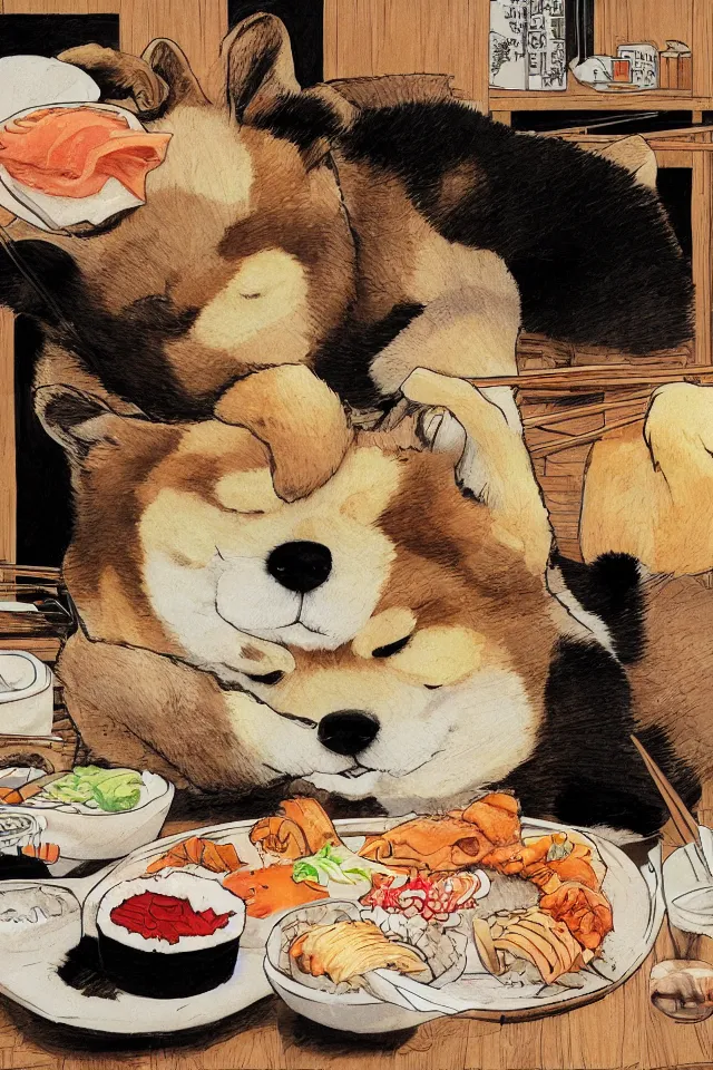 Image similar to a portrait of a shiba inu eating sushi, in the art style of katsuhiro otomo, realistic, highly detailed, b & w, 4 k