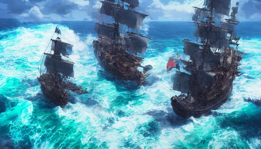 Image similar to A highly detailed matte painting of a huge pirate ship in the ocean by Studio Ghibli, Makoto Shinkai, by Artgerm, by beeple, volumetric lighting, octane render, 4K resolution, trending on artstation