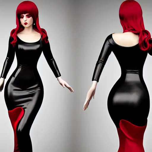 Prompt: curvy feminine hot goth cutie in a sublime elegant polished black latex neck-high floor length outfit with red trim, thin waist, cgsociety, photorealistic, comfy ambience, idealistic, 16k, smooth, sharp focus, trending on ArtStation, volumetric lighting, fully clothed, worksafe