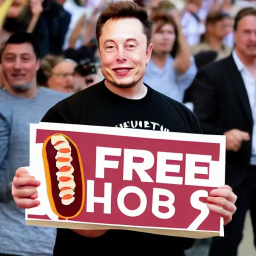 Image similar to Elon Musk holding a sign saying Free Hotdogs, highly detailed, high quality, HD, 4k, 8k, Canon 300mm, professional photographer, 40mp, lifelike, top-rated, award winning, realistic, sharp, no blur, edited, corrected, trending