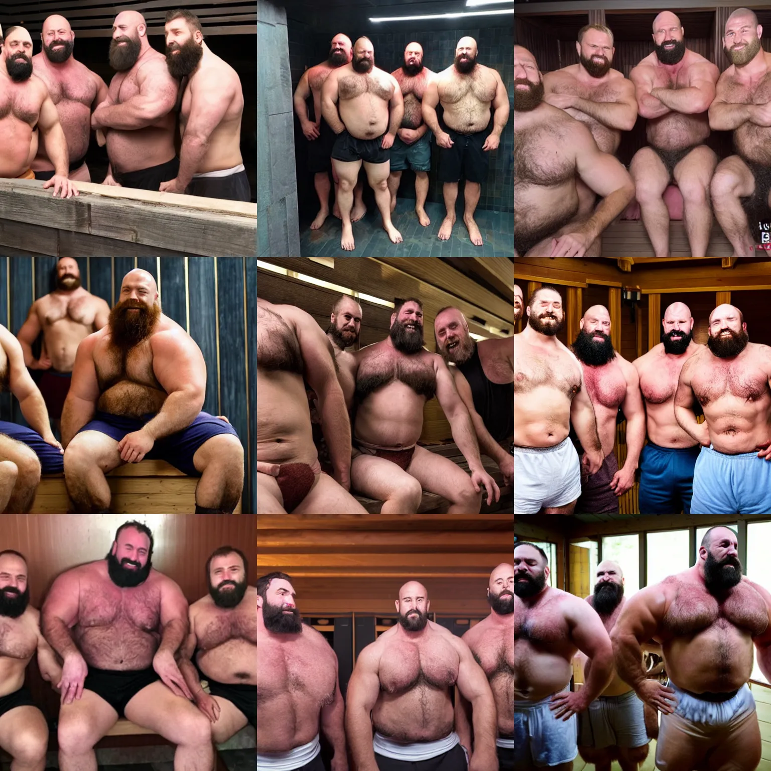 Prompt: group of hairy burly strongmen clones in a sauna