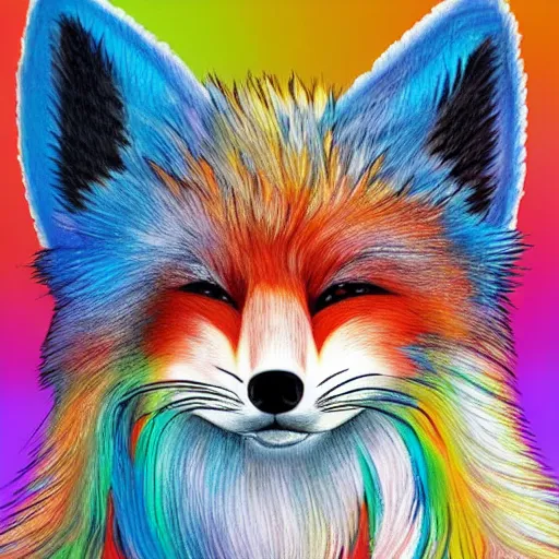 Prompt: cute fluffy fox with rabbit ears and long colorful flowing fur with mohawk hairstyle hybrid animal detailed painting 4 k