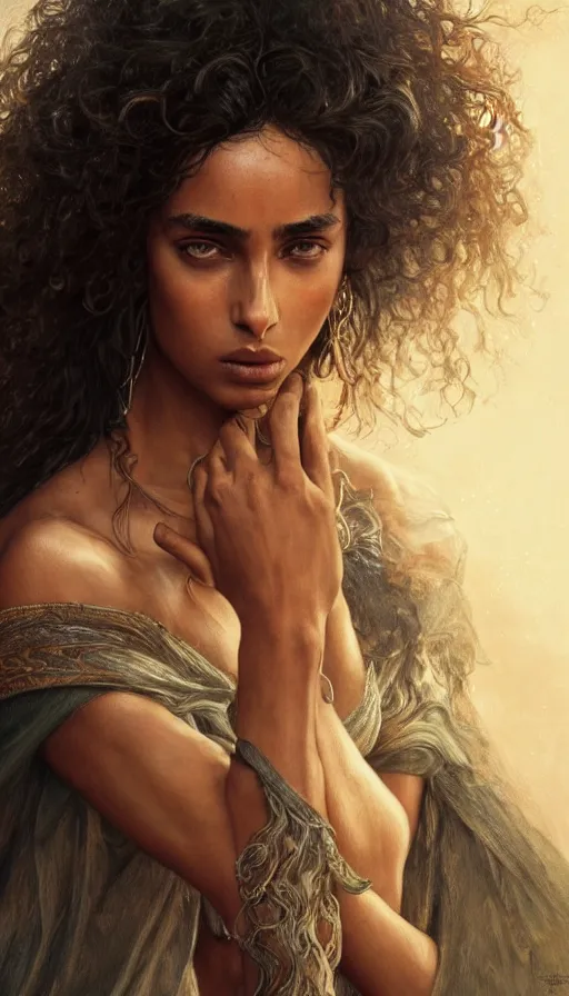 Prompt: imaan hammam, dancer, lord of the rings, sweaty insane, intricate, highly detailed, digital painting, artstation, concept art, smooth, sharp focus, illustration, unreal engine 5, 8 k, art by artgerm and greg rutkowski and alphonse mucha