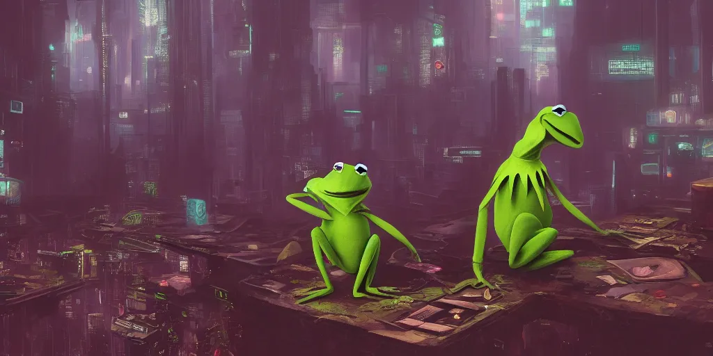 Image similar to Kermit the Frog in a cyberpunk world, hyperdetailed, artstation, cgsociety, 8k