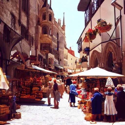 Prompt: a miniature model a busy medieval Mediterranean street market 35mm