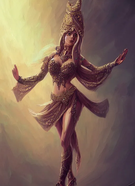 Image similar to a highly detailed illustration of an elegant elf arabian dancer, gracefully belly dancing pose, waving arms, intricate, elegant, highly detailed, centered, digital painting, artstation, concept art, smooth, sharp focus, league of legends concept art, WLOP