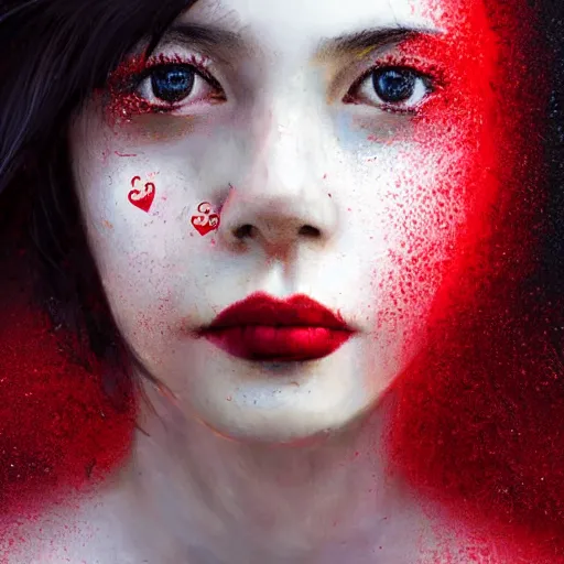 Image similar to masterpiece dynamic portrait of an aesthetic beautiful realistic black haired woman protesting, 3 0 years old woman, mid long hair, black eyed, red peace and love symbol on the cheek, digital painting by wlop, atmospheric red effects, sparkles, artstation, deviantart, large view, motion blur, black background