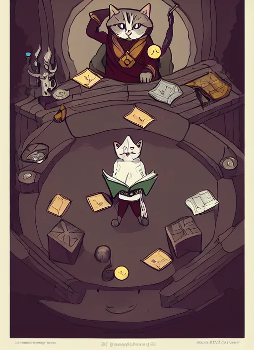 Prompt: powerful wizard cat playing dungeons and dragons, character design white background, by simon kennedy, studio muti