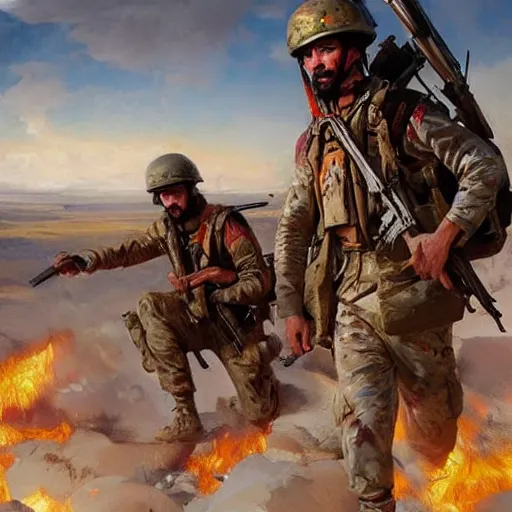 Prompt: Intense vibrant film still of the Kurdish soldiers in the battle of Kobani, oil painting by John Singer Sargent, Adrian Smith, Greg Rutkowski, Trending on Artstation, incredible detail