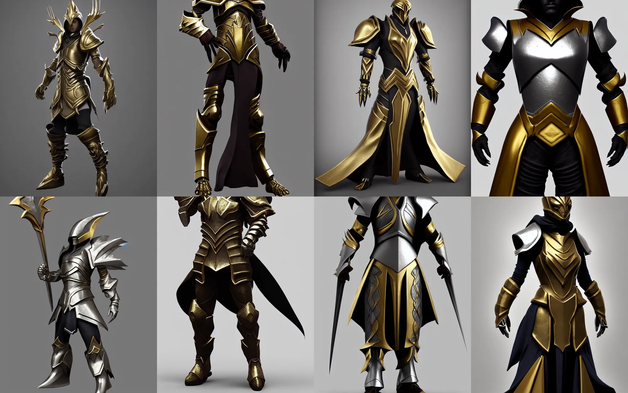 Prompt: epic sorcerer armor, stylish, stunning character art, trending on artstation, HD octane render, silver, gold trim, smooth, flat shading, extremely clean, uncluttered, high quality, very professional