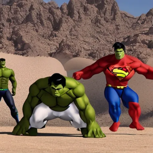 Image similar to supermen and hulk playing soccer at desert, a crowd watching they play