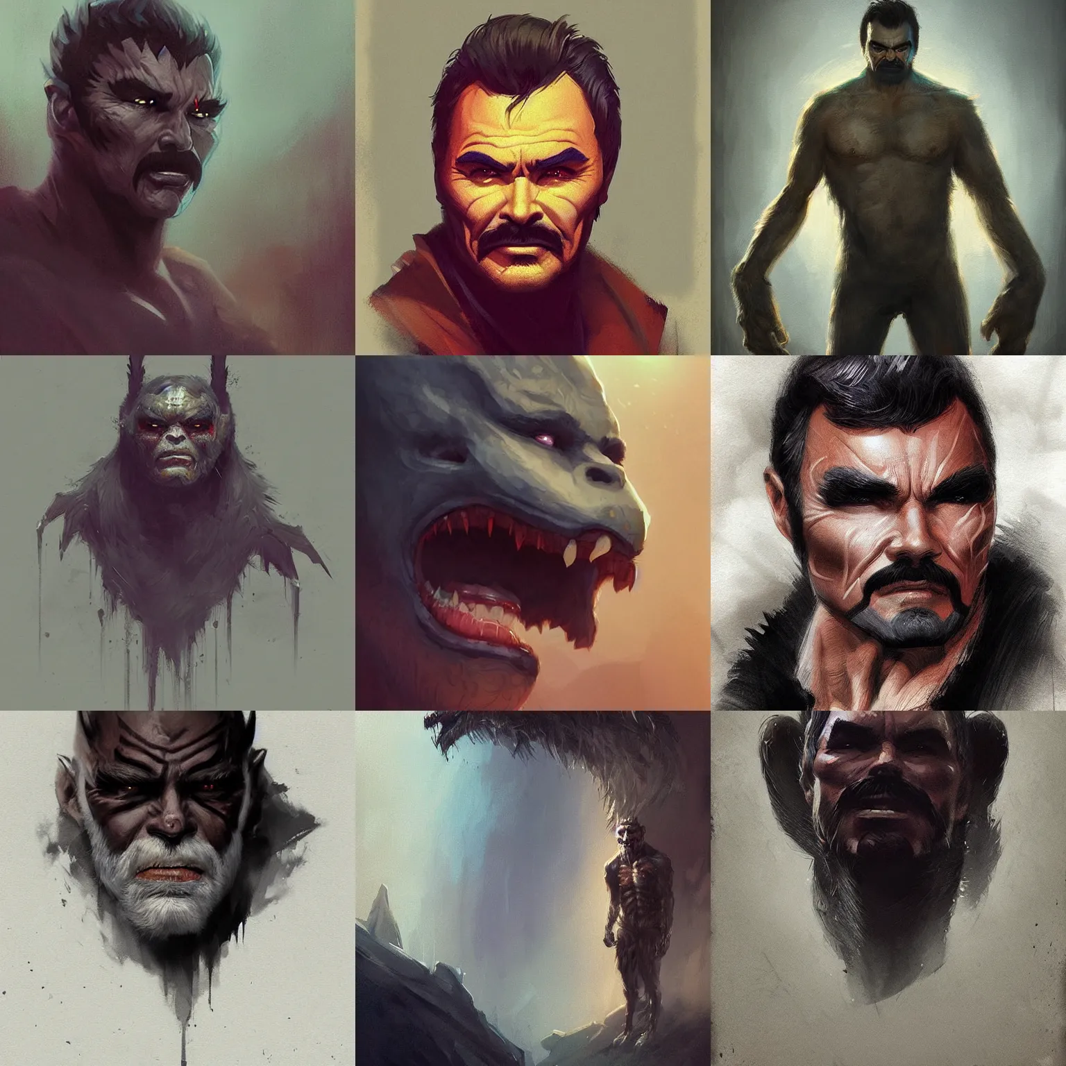 Prompt: digital art of a burt reynolds inspired monster. by greg rutkowski, trending on artstation, high quality artwork, emo style.