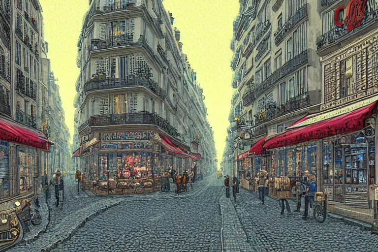 Image similar to a city street in paris under the dark sun, beautiful detailed pixelart by albertov, intricate details, beautiful, dithered gradients, volumetric lighting, cgsociety, artstation, smooth, sharp focus, 2 d illustration, amazing art by dan mumford