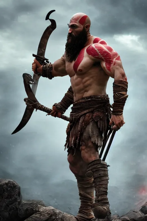 Prompt: film still from god of war, a highly detailed beautiful closeup photo of jason momoa kratos with long windblown wet hair holding a sword and fighting zombies on a pile of human skulls, spartan warrior, olympian god, muscular!,, action pose, ambient lighting, volumetric lighting, octane, fantasy