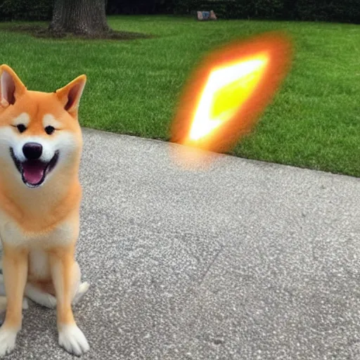 Image similar to photo of a real life ssj2 shiba inu shooting a kamehameha