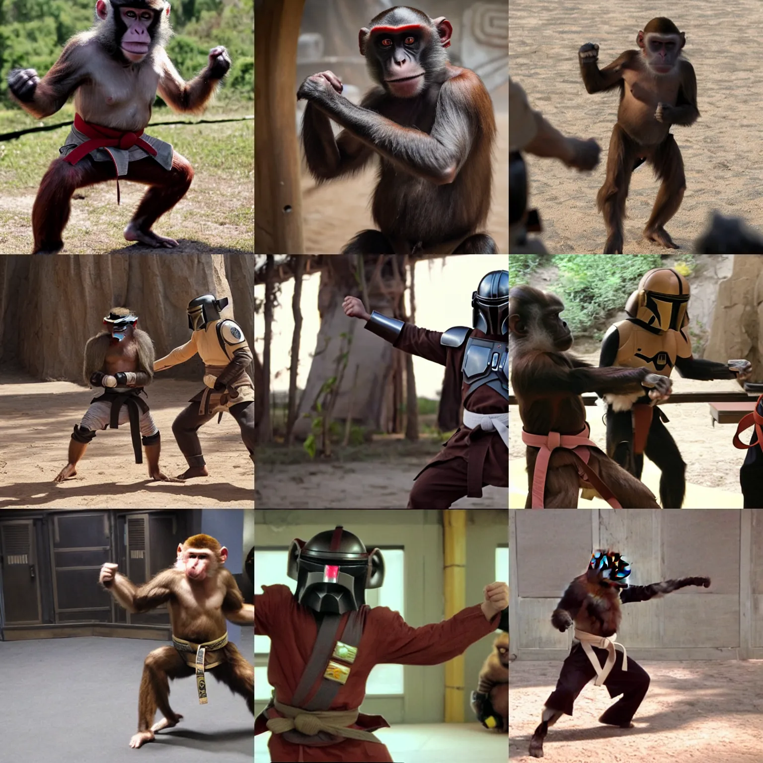 Prompt: Angry monkey doing karate on the set of Mandalorian, movie still