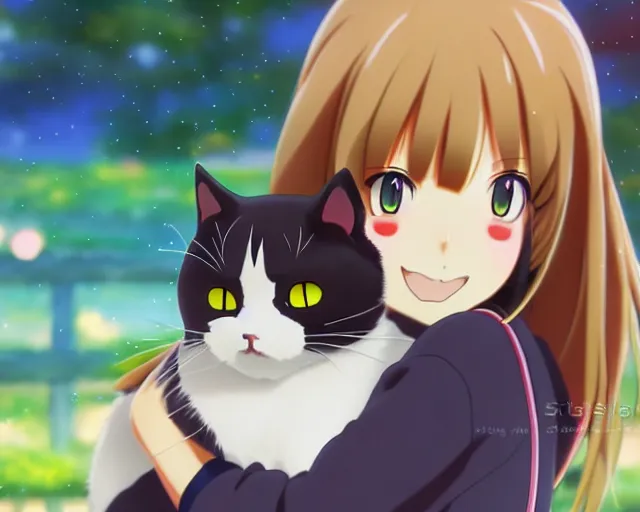 Image similar to anime fine details portrait of joyful girl hugging cat in school, bokeh. anime masterpiece by Studio Ghibli. 8k render, sharp high quality anime illustration in style of Ghibli, artstation