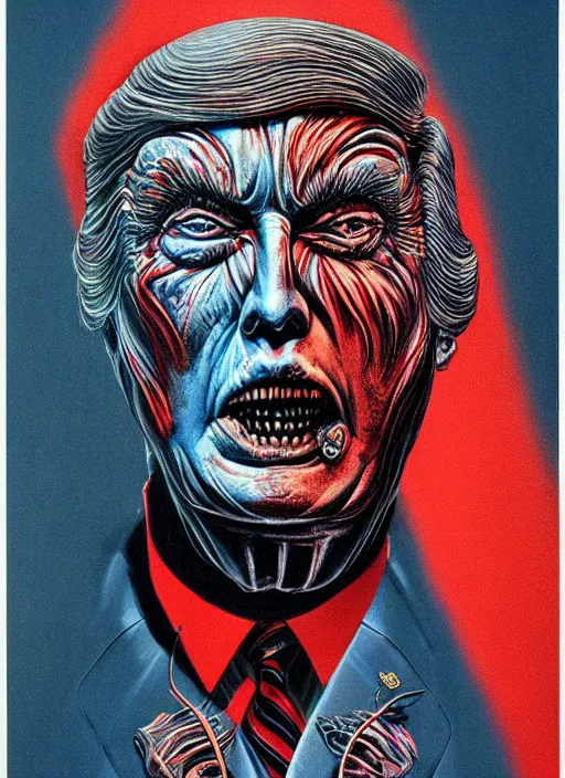 Image similar to donald trump's grotesque true form revealed, horror, high details, intricate details, by vincent di fate, artgerm julie bell beeple, 1980s, inking, vintage 80s print, screen print