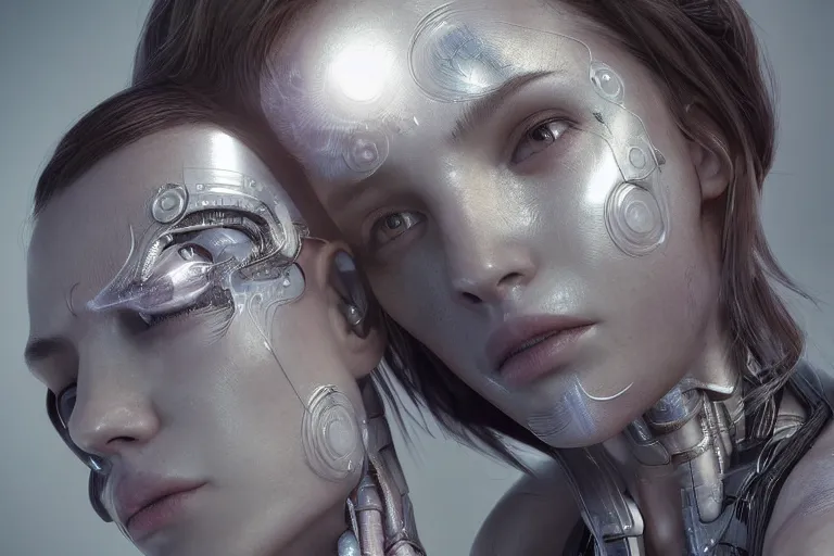 Image similar to ultra realistic, beautiful cyborg woman, eyes closed, sci-fi, fantasy, mythical, intricate, elegant, highly detailed, digital painting, octane render, substance painter, zbrush, artstation, concept art, smooth, sharp focus, eerie, illustration, 8k, HD, art by artgerm and greg rutkowski and raphael