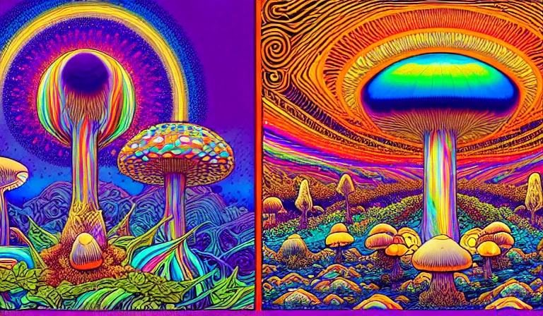 Image similar to an expansive rendering of beautiful and complex oneness of all things by dan mumford, by jim fitzpatrick, by joe wilson, by jim burns, by victo ngai, by jacek yerka, surrounded with colorful magic mushrooms and rainbowcolored marihuana leaves, insanely integrate, featured on deviant art, trending on artstation