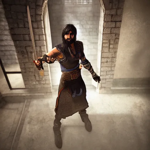 Image similar to Prince of Persia in the dungeon, Unreal 5, artstation, realistic