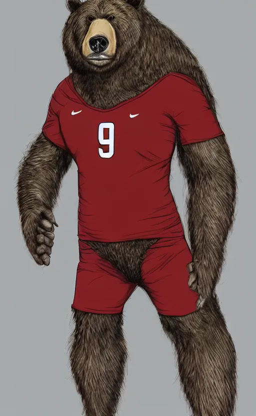 Image similar to portrait of full body bear beast-man wearing a soccer suit, digital art, concept art, highly detailed, sharp focus