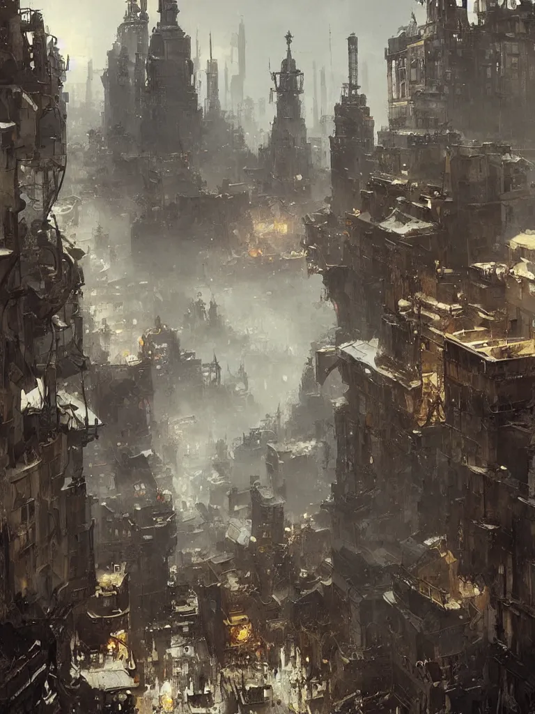 Prompt: russian revolution dieselpunk 1 9 1 0 cityscape, painting by greg rutkowski, craig mullins, levitan, rozalski