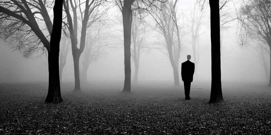 Image similar to faceless man in black in a dark park at night, fog, creepy lighting