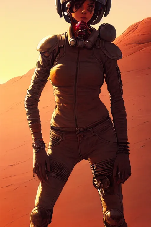 Prompt: a ultradetailed beautiful panting of post apocalyptic woman biker with helmet in front of burning desert, anatomically correct, pretty face, high detailed face, by ilya kuvshinov, greg rutkowski and makoto shinkai, trending on artstation