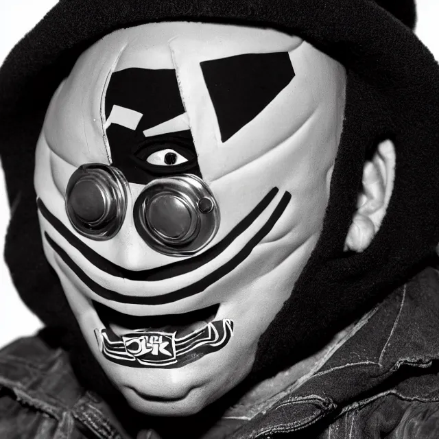 Image similar to a close-up black-and-white studio portrait of Roberto Bolaños Chaves El Chavo del Ocho wearing the MF Doom mask. Madvillain album cover