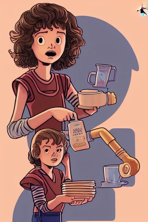 Image similar to eleven from stranger things making pancakes, animation pixar style, by pendleton ward, magali villeneuve, artgerm, rob rey and kentaro miura style, golden ratio, trending on art station