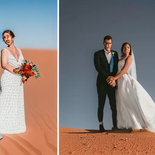 Image similar to bride and groom in the middle of the sahara desert, canon eos r 3, iso 2 0 0, 1 / 1 6 0 s, 8 k, raw, unedited, symmetrical balance, in - frame