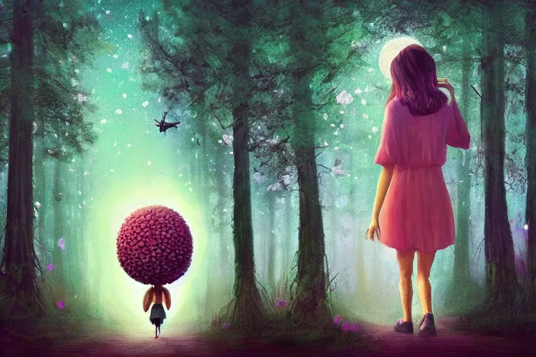 Image similar to giant daisy flower on head, girl walking in forest, big trees, surreal photography, dark night, stars, moon light, impressionist painting, clouds, digital painting, artstation, simon stalenhag