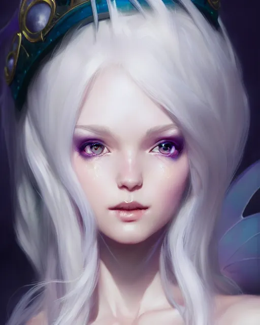 Prompt: character concept art of a white haired young gorgeous female fairy mage | | distinct - fine, key visual, realistic shaded perfect face, fine details by stanley artgerm lau, wlop, rossdraws, james jean, andrei riabovitchev, marc simonetti, sakimichan, and jakub rebelka, trending on artstation
