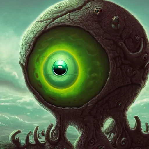 Image similar to a giant one - eyed bumpy wrinkly ball sphere green pea, with boney arms and a single sauron eye, lovecraft, trending on artstation, 4 k, video game art, oil painting