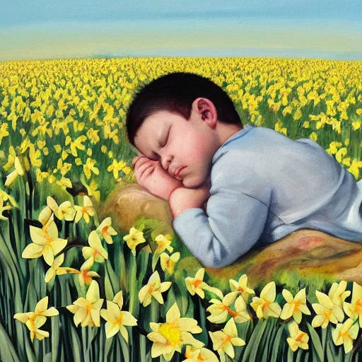 Prompt: a sleeping giant in a field of daffodils and roses two tiny humans are standing at his head while he slumbers away, dreaming painting