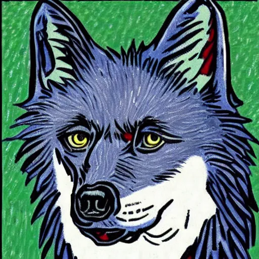 Image similar to retarded wolf portrait, van gogh style, propaganda style