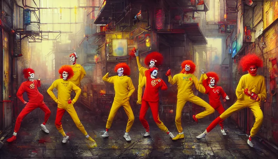 Image similar to highly detailed painting of a group of ronald mcdonalds with red afros, white facepaint, red noses and yellow tracksuits dancing in a cyberpunk alleyway by william turner, by greg rutkowski, by william constable, thick brush strokes and visible paint layers, 4 k resolution, retrowave colour scheme