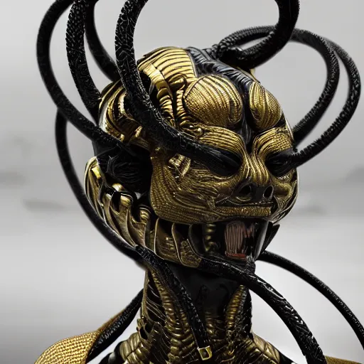 Image similar to concept art of hard surface statue of gorgeous medusa gorgon, black onyx details, black and gold wires, by jama jurabaev, hyper realistic render, super detailed, photo quality, octane render, corona render