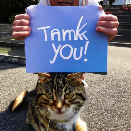 Prompt: a tabby cat holding a sign that says thank you!