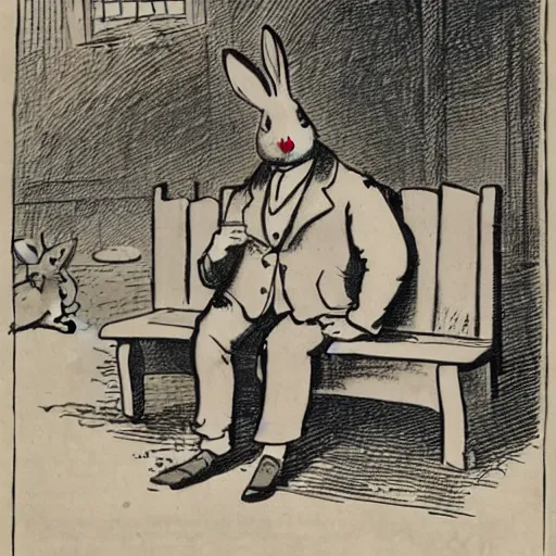 Prompt: a rabbit detective sitting on a park bench and reading a newspaper in a victorian setting, cartoon