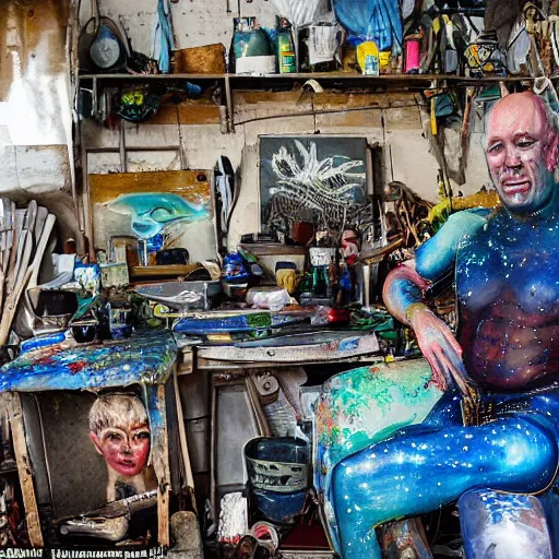 Prompt: a man painted with iridescent bodypaint standing in his cluttered garage, he is covered with barnacles