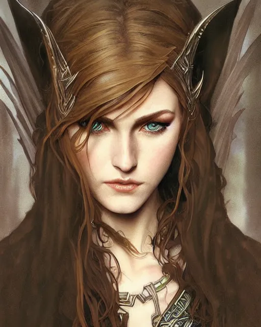 Image similar to portrait of katherine mcnamara elven mage, dark, piercing eyes, gentle expression, elegant clothing, photorealistic, highly detailed, artstation, smooth, sharp focus, art by michael whelan, artgerm, greg rutkowski and alphonse mucha