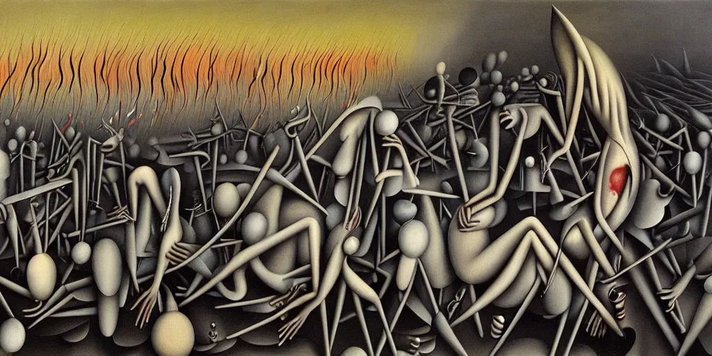 Prompt: despair, pain, anguish, fire, drowining, failure, isolation, detailed texured painting by surrealist master yves tanguy, brushstrokes